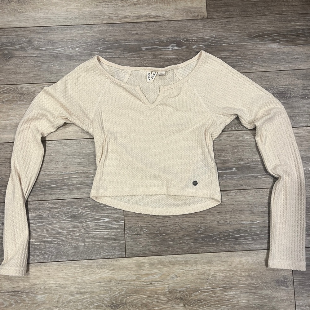 Roxy - Long Sleeve Cropped Waffle Top Solid Crew Neck Top - Picture 2 of 4